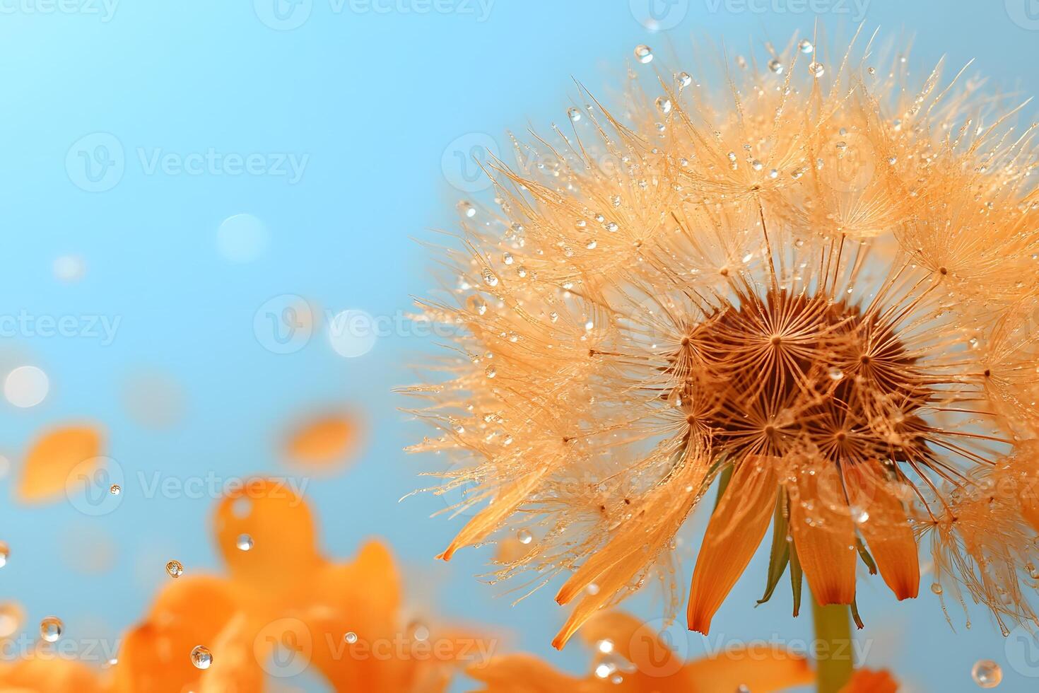 Wet Orange Dandelion with Dew on Blue Background for Nature Themes photo