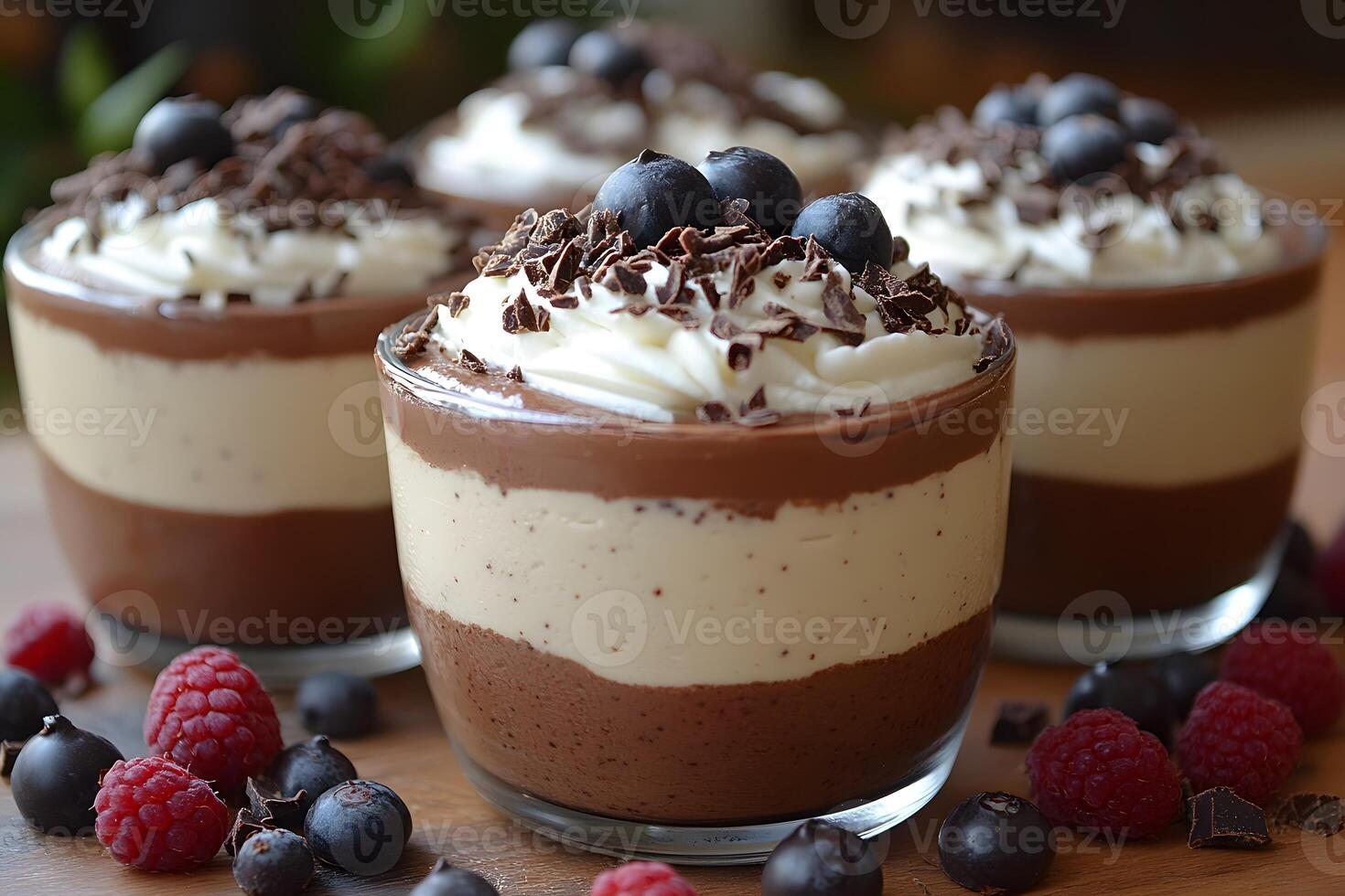 Luxurious Chocolate and Vanilla Mousse Dessert with Fresh Berries Garnish for Gourmet Presentation photo