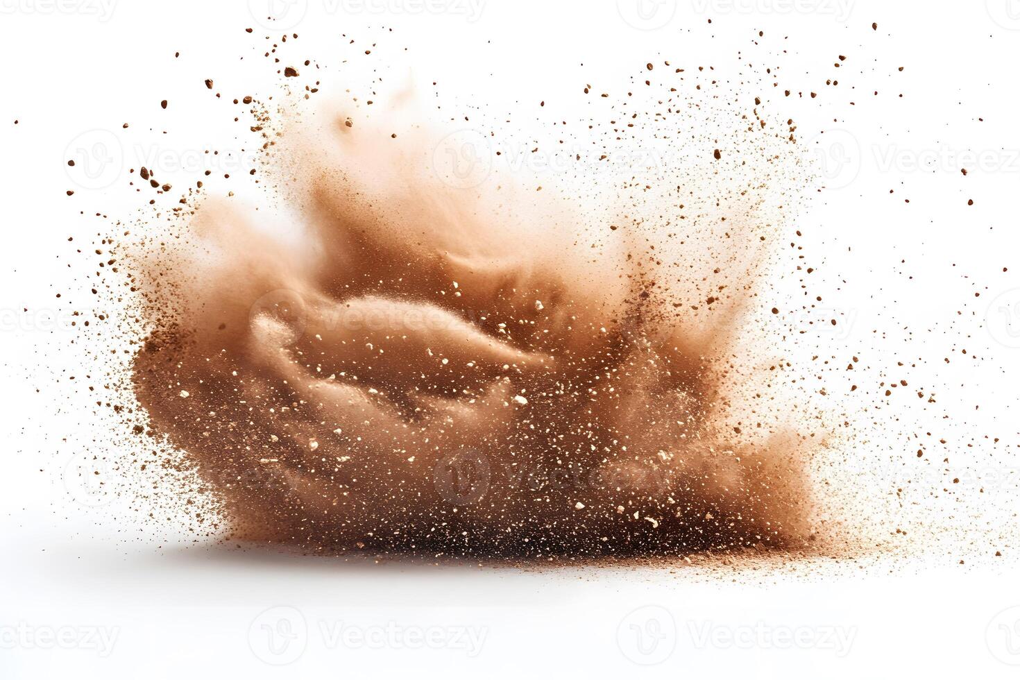 Dynamic Explosion of Brown Powder on White Background for Abstract and Creative Design photo