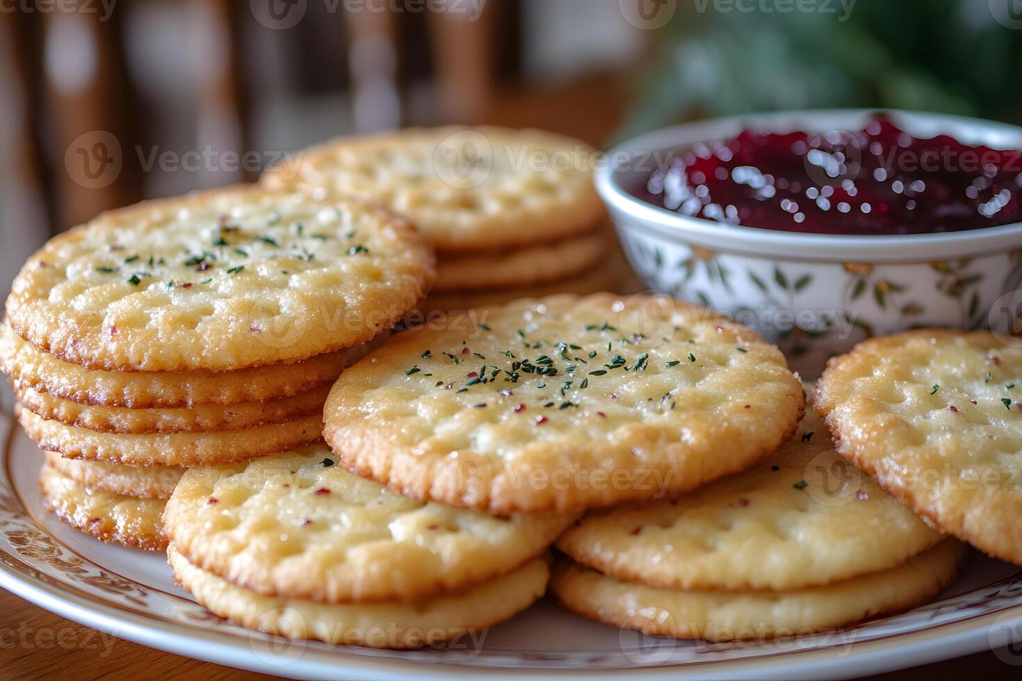 Savory Herb Crackers with Cranberry Sauce Holiday Appetizer Design for Print and Menu photo