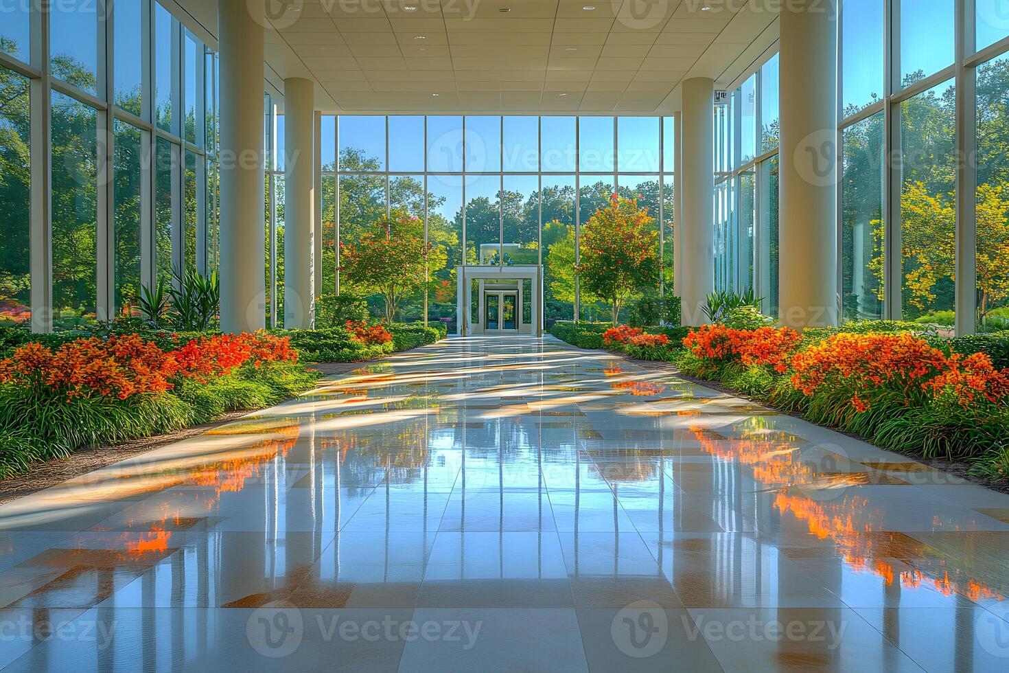 Modern Glass Atrium with Sunlit Pathway and Vibrant Foliage for Architectural Design photo