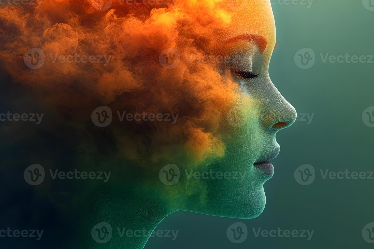 Dreamlike Portrait of Woman's Face with Abstract Colorful Smoke Art Concept for Design photo
