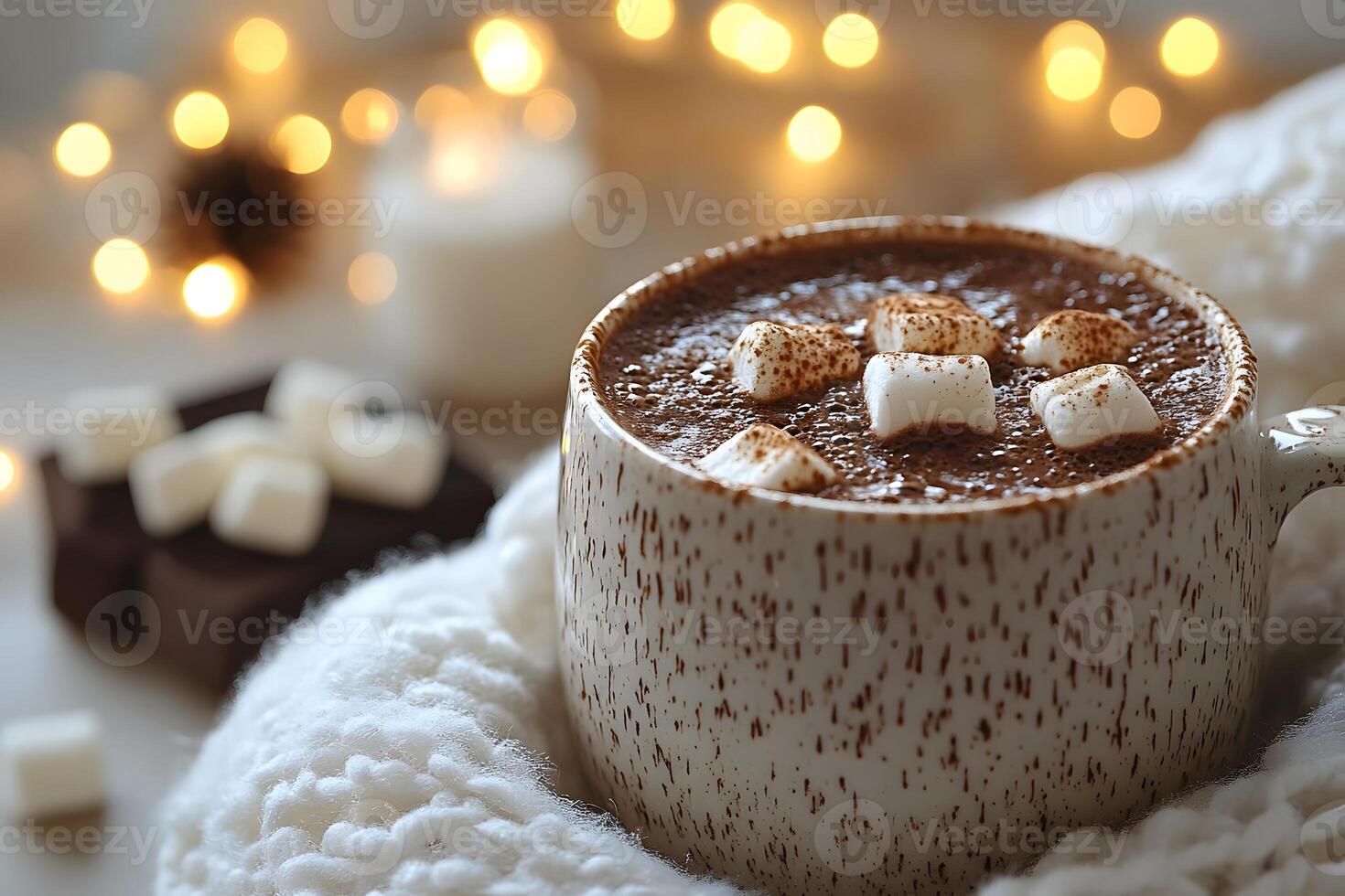 Cozy Winter Hot Chocolate with Marshmallows and Warm Lights Ambiance photo