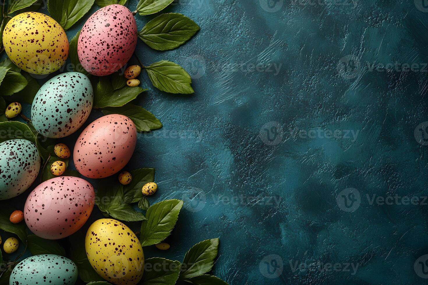 Colorful Speckled Easter Eggs with Greenery on Rustic Blue Background photo