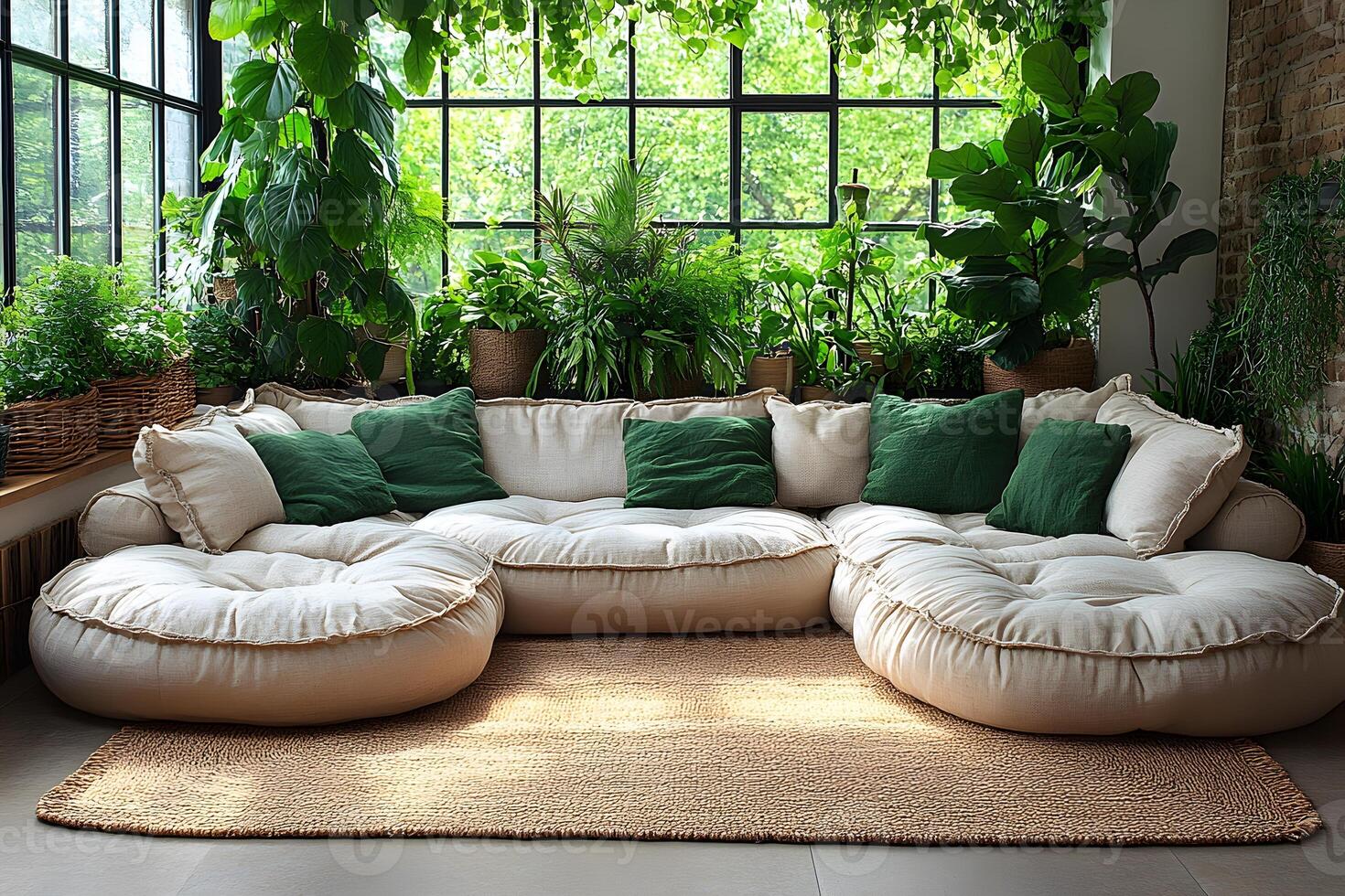 Lush Green Living Room with Cozy Sofa and Indoor Plants for Relaxation and Decor photo