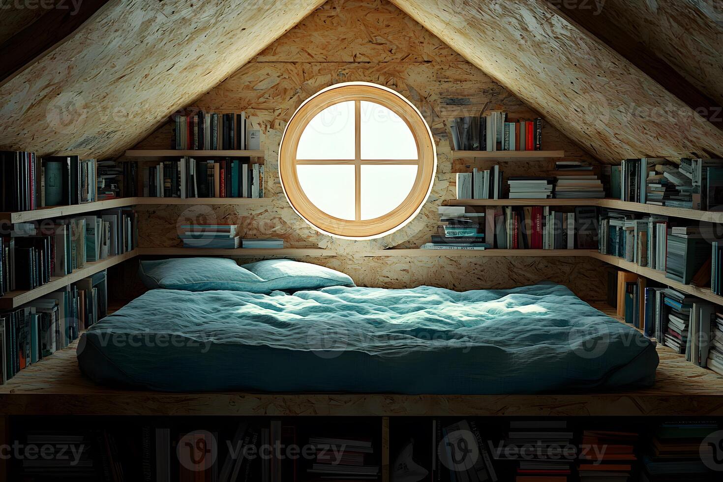 Cozy Attic Bedroom with Bookshelves and Circular Window for Relaxation and Reading photo
