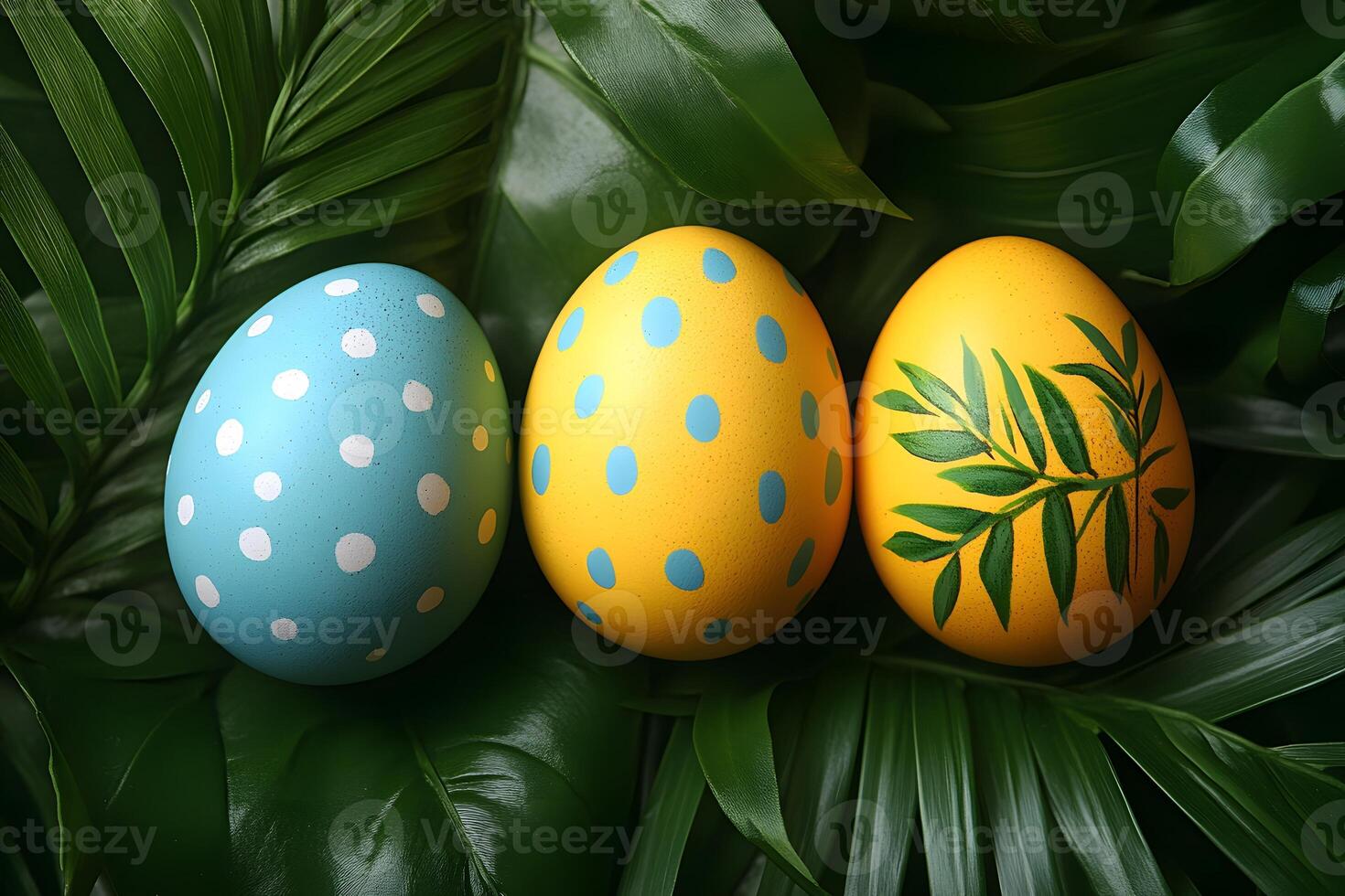 Colorful Easter Eggs with Leaf Patterns on Vibrant Green Leaves for Spring Decor photo