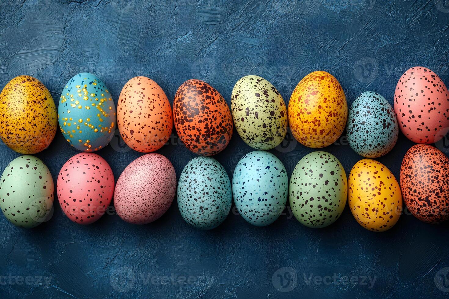 Colorful Speckled Easter Eggs in a Row on Textured Blue Background photo