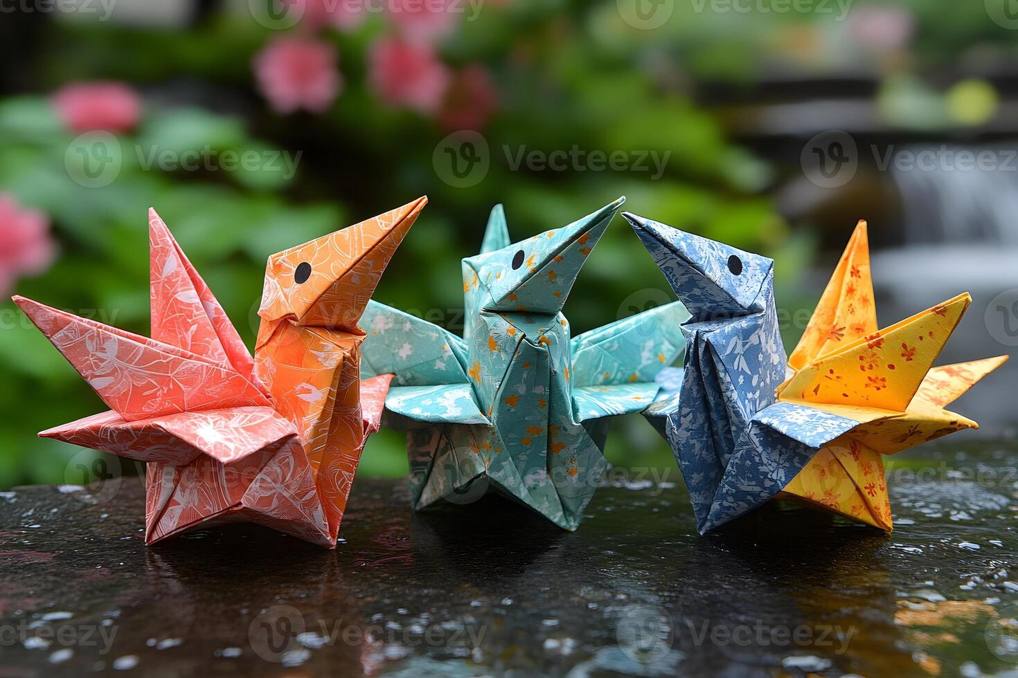 Colorful Origami Birds in Garden Setting for Creative Inspiration and Decor photo