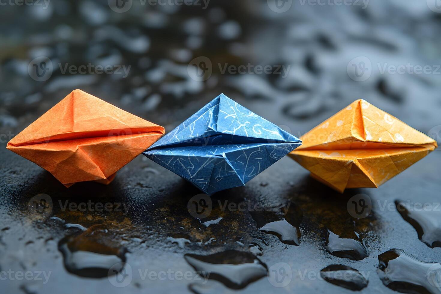 Colorful Origami Boats on Wet Surface - Creativity and Craftsmanship in Paper Art photo
