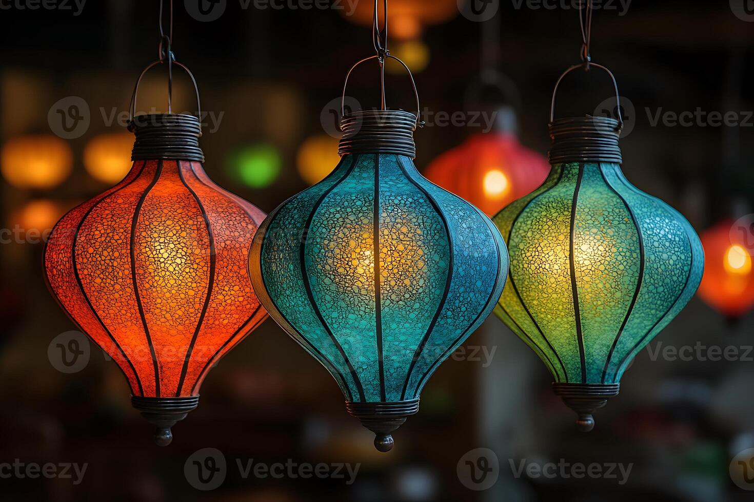 Vibrant Hanging Lanterns with Intricate Patterns for Festive Decor and Ambiance photo