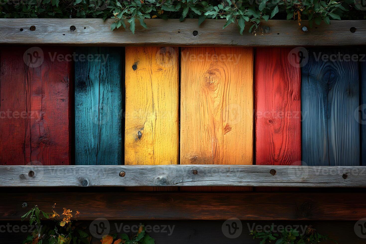 Vibrant Colorful Wooden Fence with Green Foliage for Home and Garden Decor photo