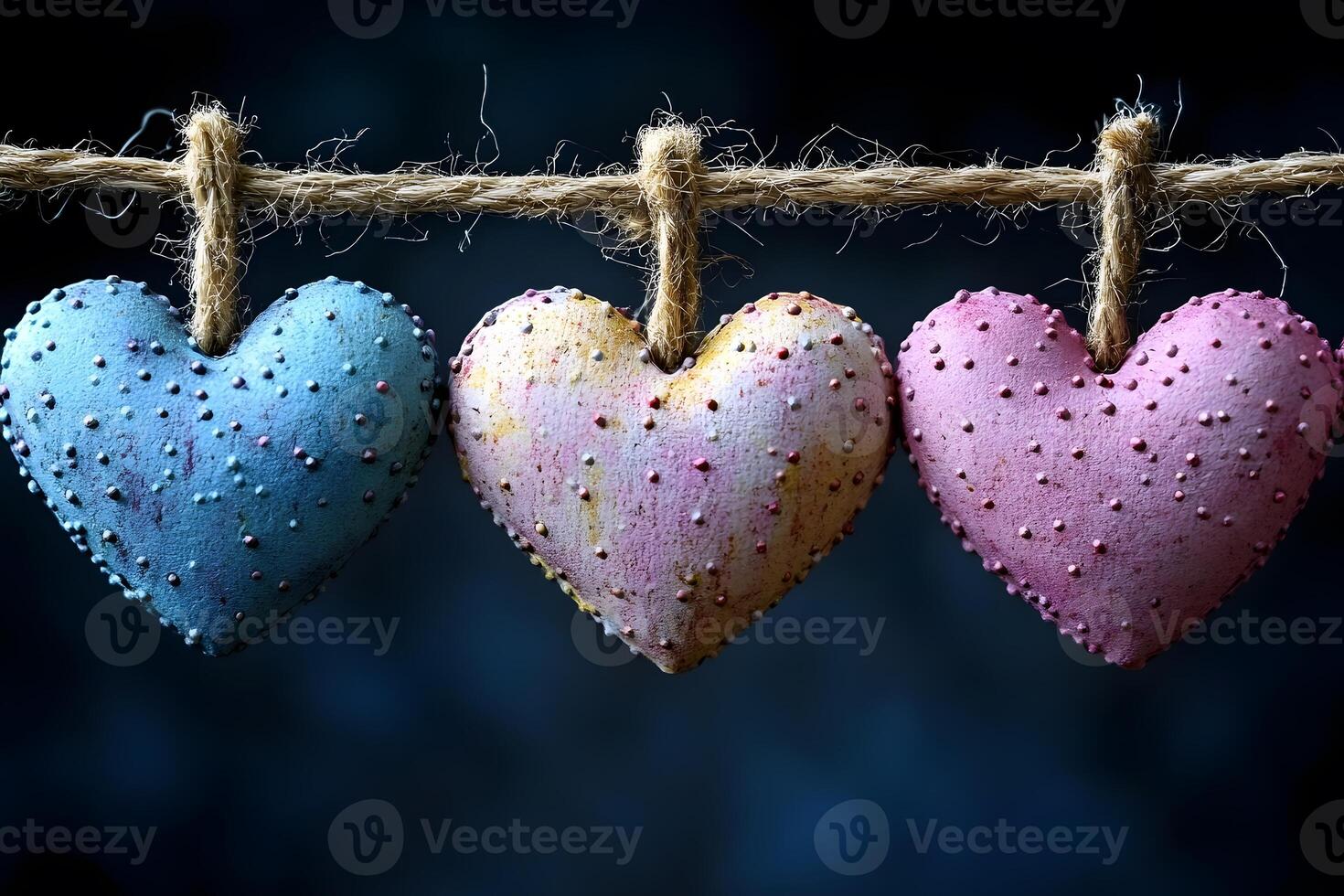 Colorful Heart Ornaments Hanging on Twine for Romantic Decor and Celebrations photo