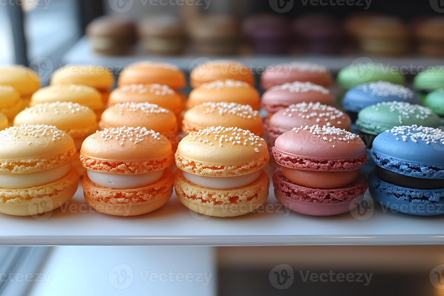 Colorful Macarons Displayed on Tray Perfect for Culinary Art, Dessert Projects, and Cafe Decor photo