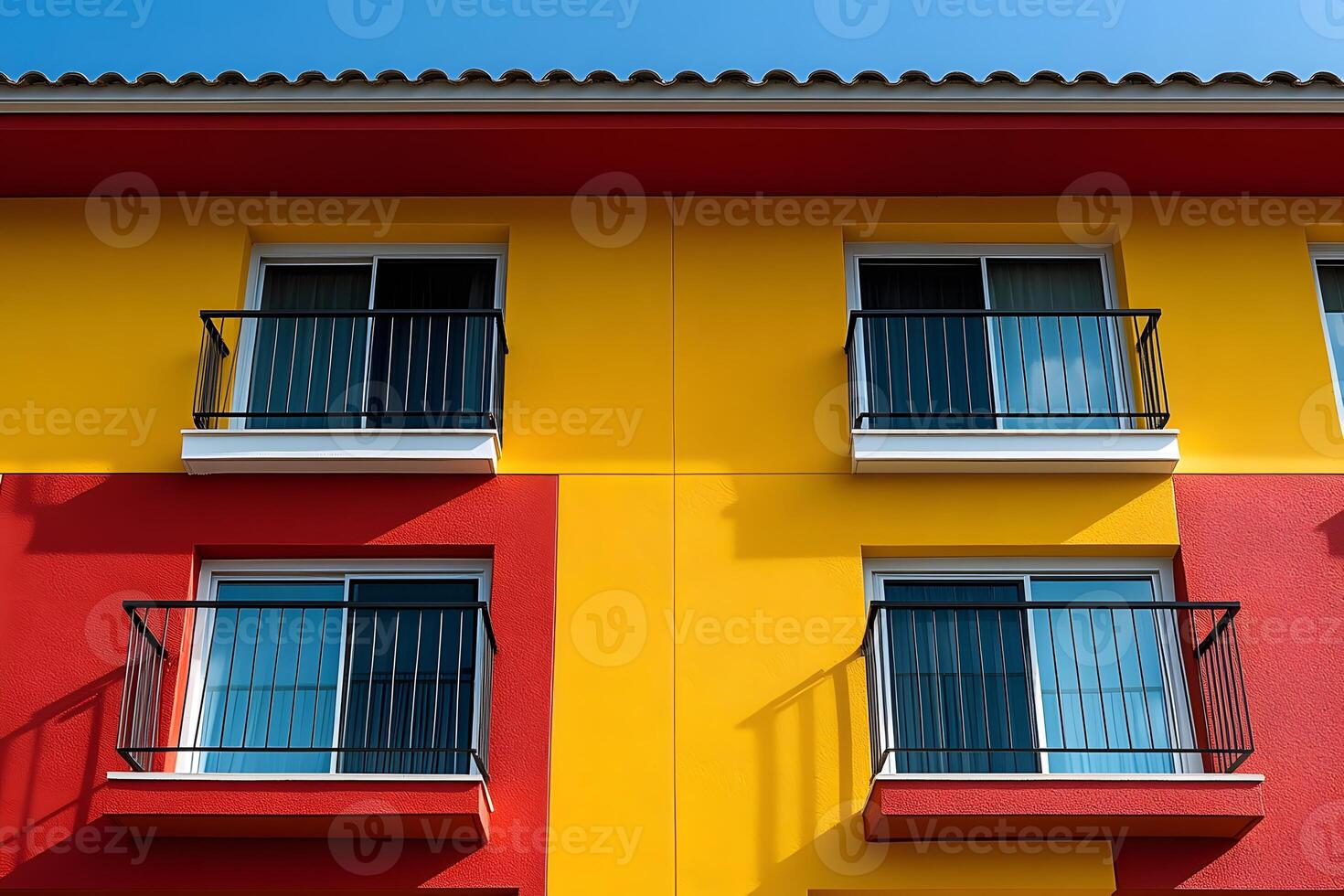 Vibrant Modern Building Facade with Yellow and Red Colors for Architectural Design Inspiration photo