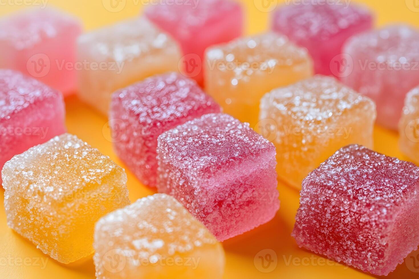 Vibrant Assorted Sugar-Coated Jelly Cubes on Yellow Background - Concept of Sweetness and Indulgence photo