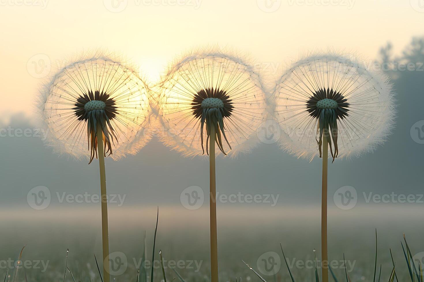 Peaceful Morning with Dewy Dandelions and Sunrise for Tranquility photo
