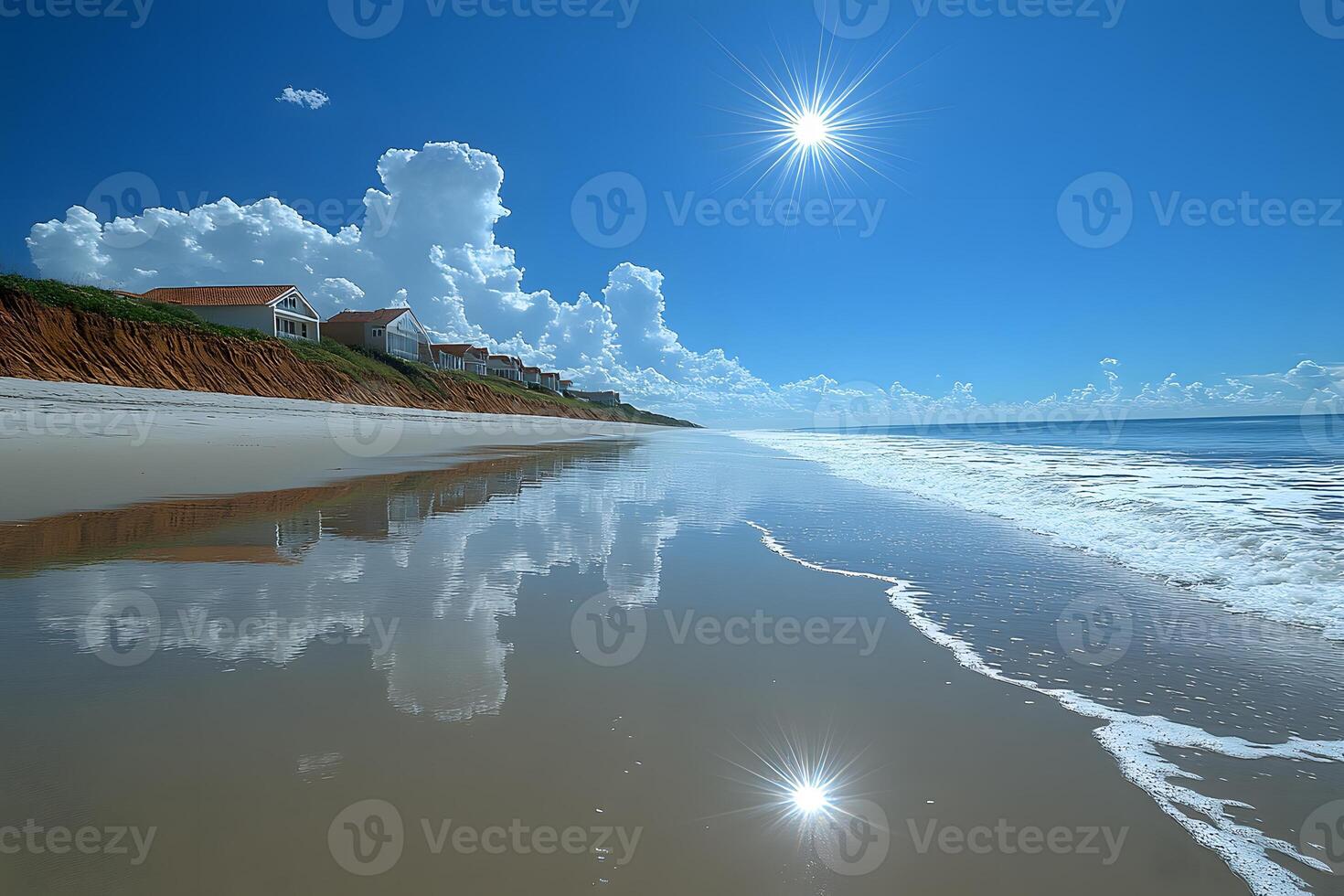 Serene Coastal Morning with Clear Sky and Ocean Reflections for Tranquil Retreats photo