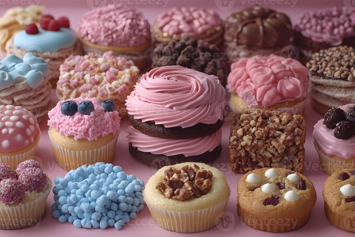 Assorted Gourmet Desserts with Pink and Pastel Themes for Culinary Celebration photo