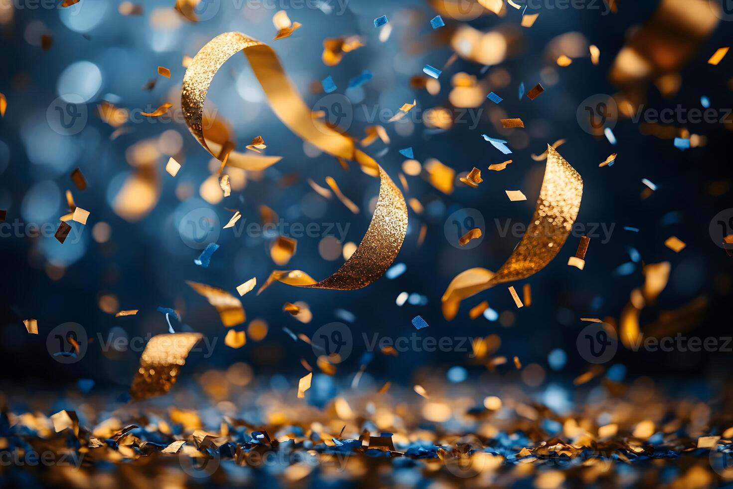 Festive Celebration with Gold and Blue Confetti for Party Decorations photo