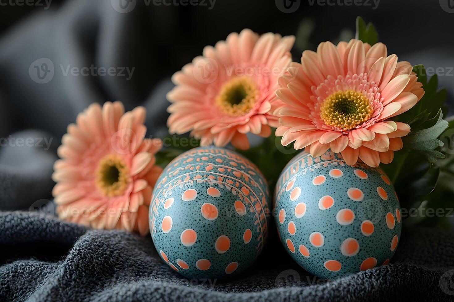 Easter Decorations with Polka Dot Eggs and Peach Gerbera Daisies for Spring Celebrations photo