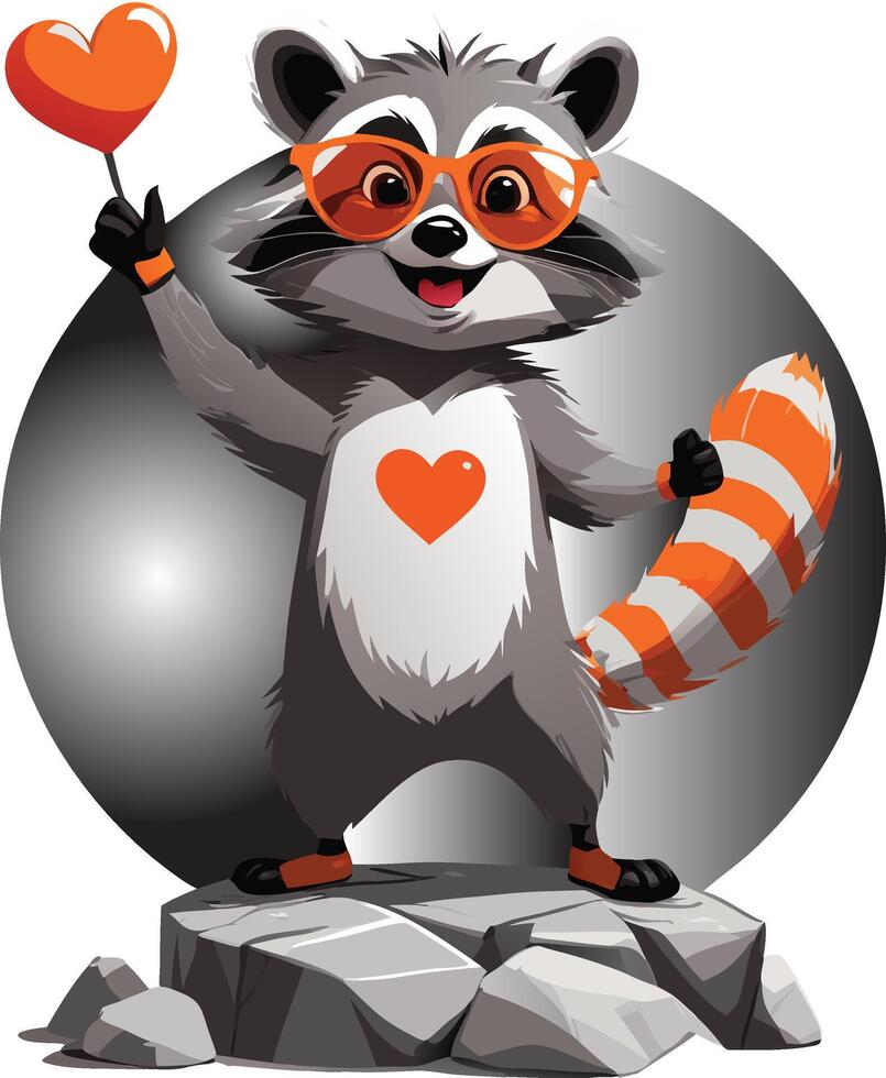 A modern cartoon raccoon sporting orange glasses and a heart theme brings playful vibes to any design. Vibrant, fun, and ideal for creative uses vector