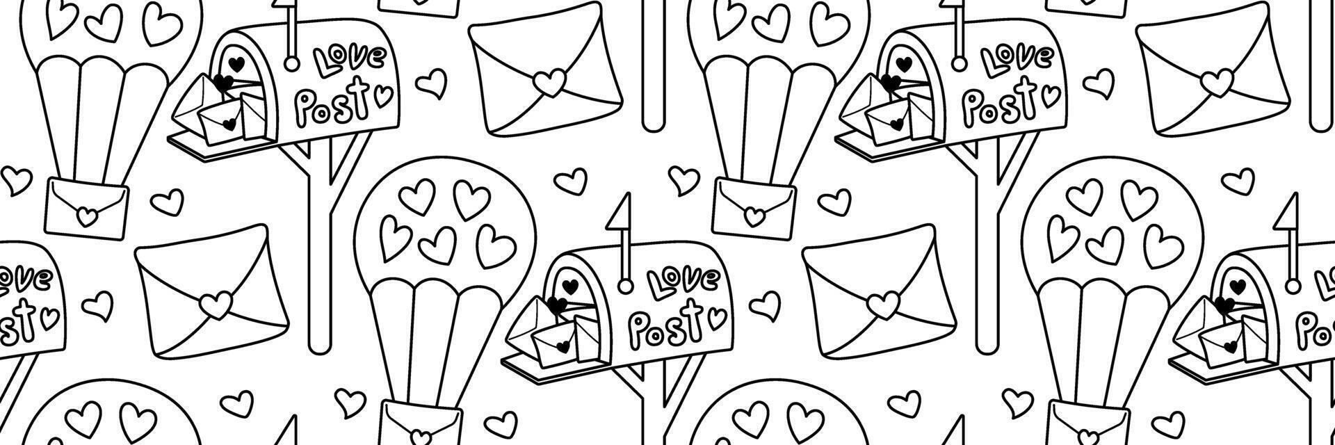 Valentines day seamless pattern. Mailbox with love letters and hearts doodle icon. Love mail by parachute, confession of love. Romantic line art Background. outline illustration. vector