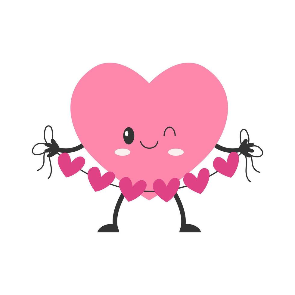 Cartoon heart character with face, hands and feet. Love symbol with heart decoration. vector