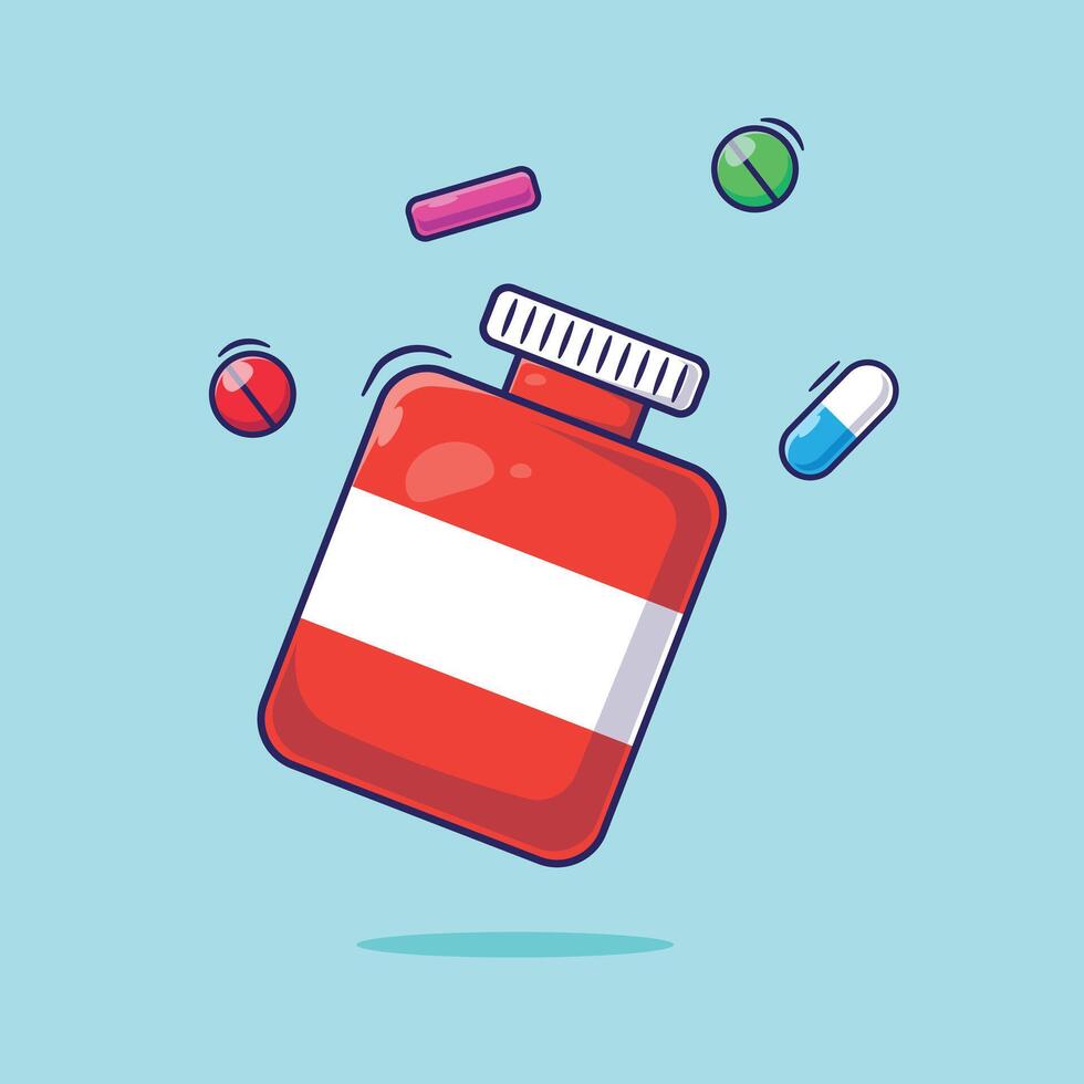 Medicine plastic jar bottle with floating pills and tablets illustration cartoon healthcare . Medical theme vector