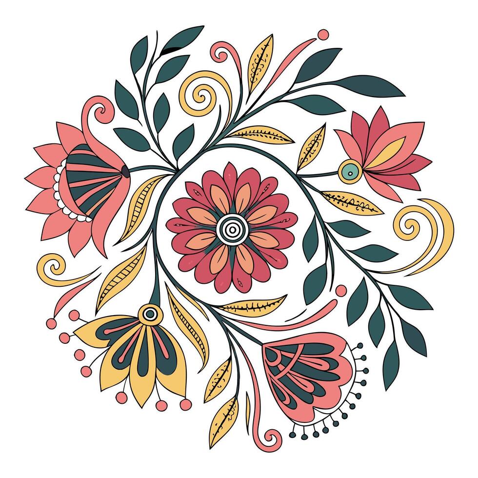 floral design in a circle with swirls and leaves vector