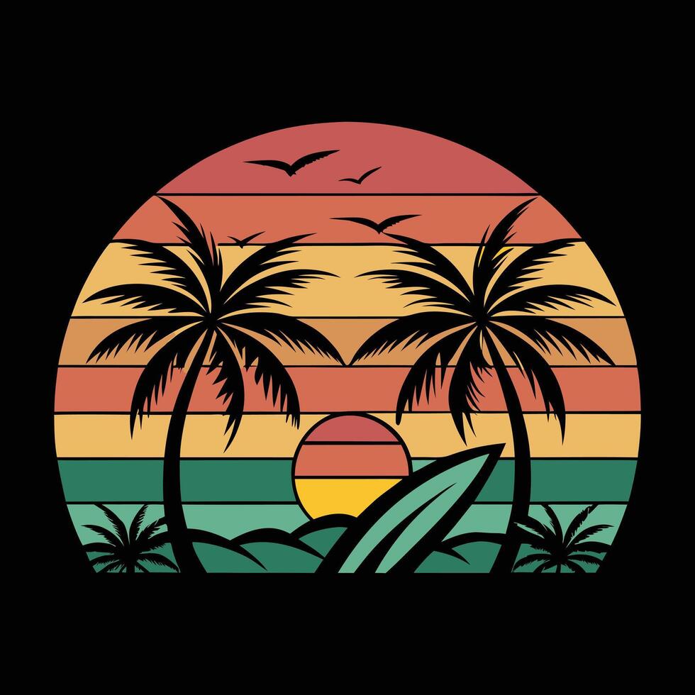 retro style palm trees and surfboard at sunset vector