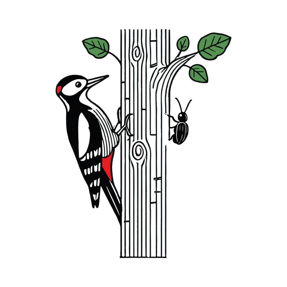 woodpecker on a tree trunk illustration vector