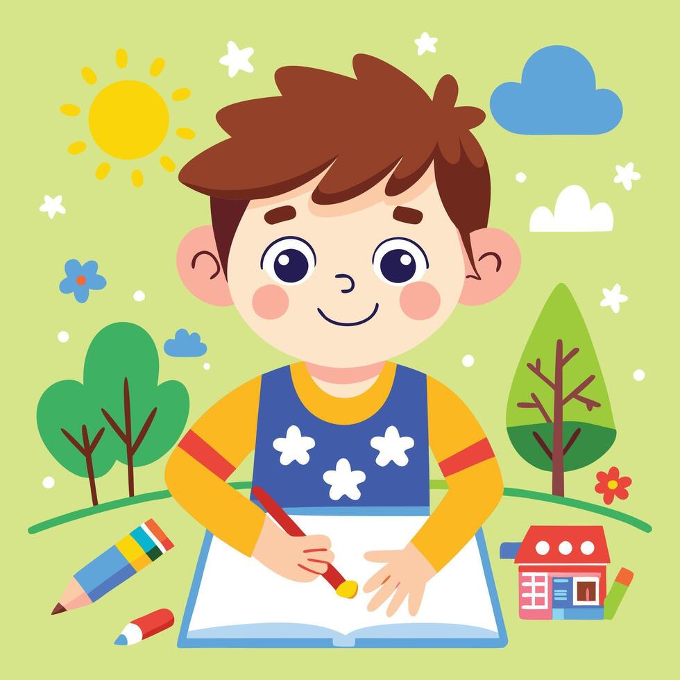 a boy is writing in a notebook with a pencil vector
