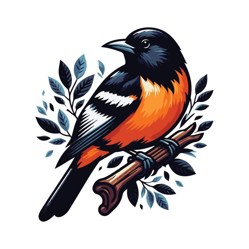 a black and orange bird sitting on a branch vector