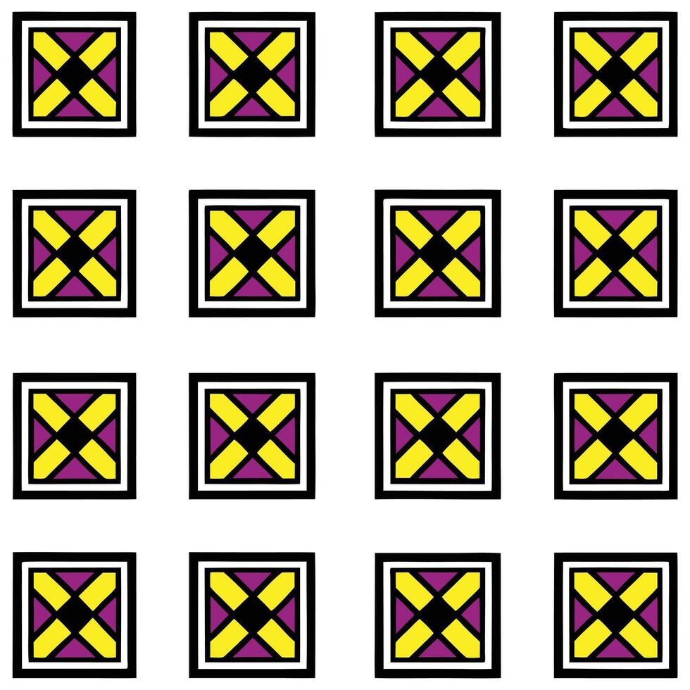 a pattern with squares and crosses in yellow, purple and black vector