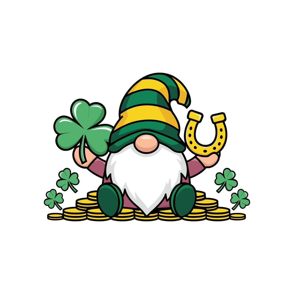 Cute gnome with a horseshoe and clover sitting on gold coins for St. Patrick's Day vector