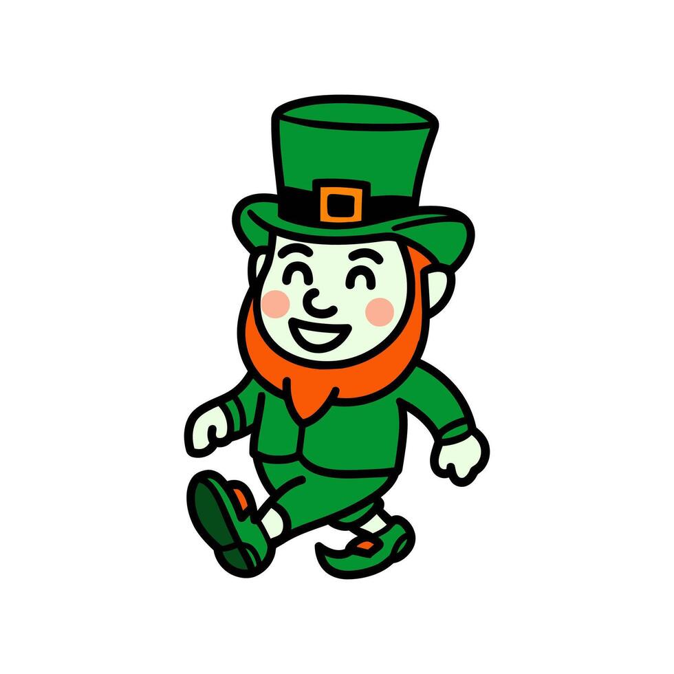 A cheerful, cartoon leprechaun, wearing a green outfit and a traditional top hat, is depicted in a walking pose. vector