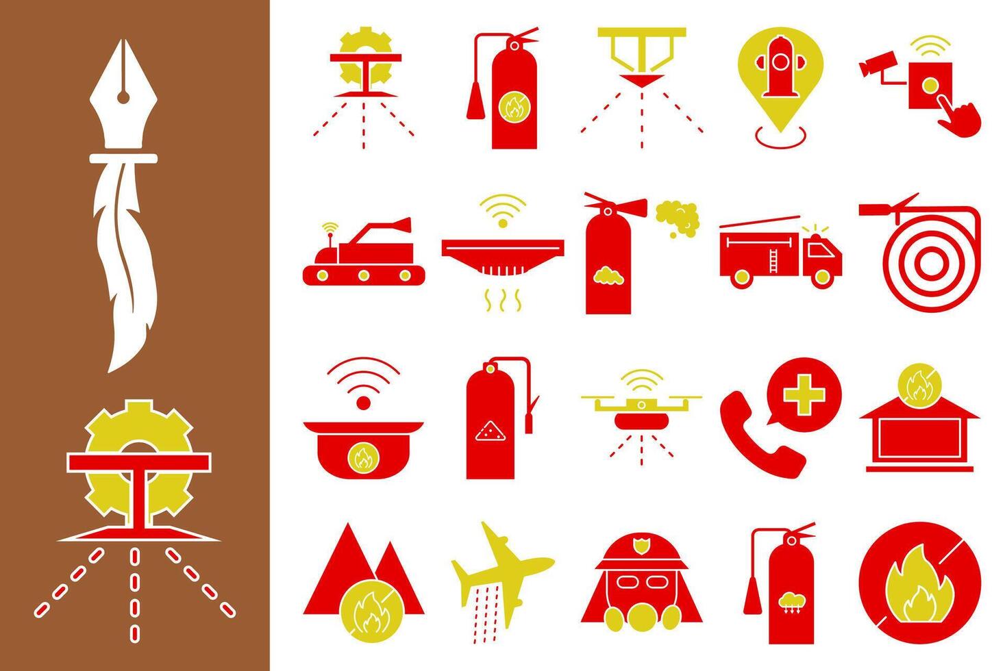 Modern fire extinguisher and technology icon set. With red and yellow colors. Ideal for safety apps, fire websites, educational posters and presentations. vector