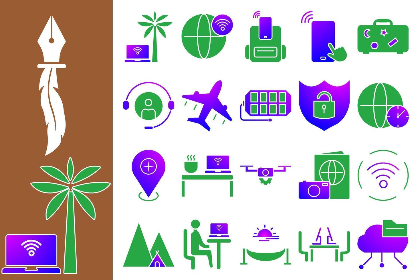 This icon set depicts a digital nomad lifestyle full of freedom, mobility and technology. With green and gradient colors, ideal for apps, websites, social media, presentations. etc vector