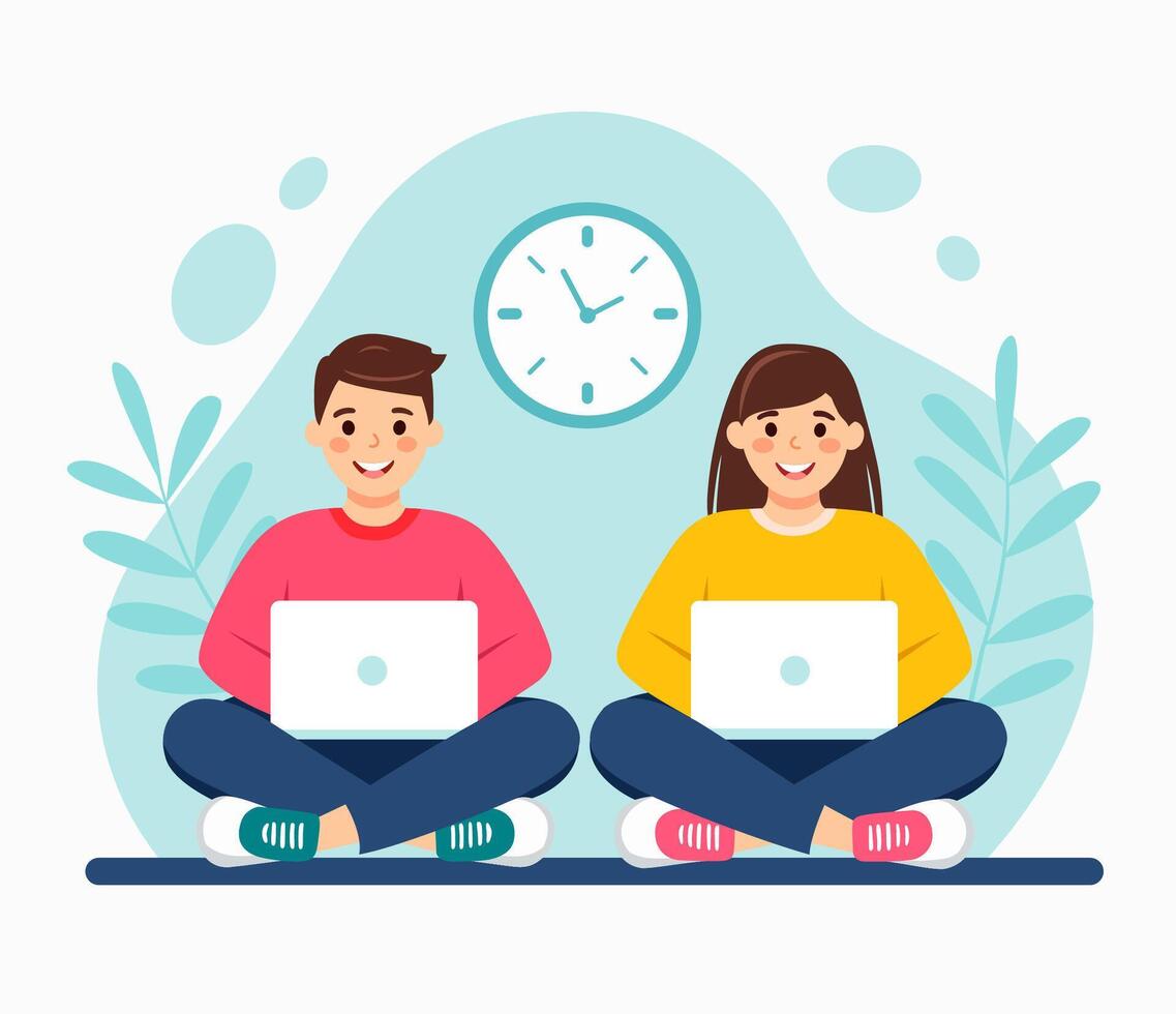 Boy and a girl with laptops at school. Illustration. Children with computers sit and learn programming. vector