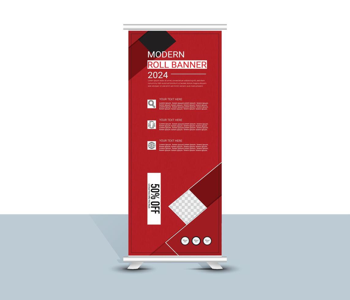 Modern geomertic red roll up banner template design vector