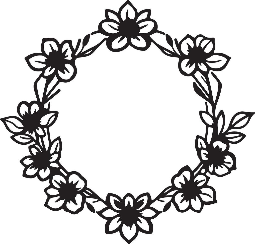 A black and white drawing of a wreath with flowers vector