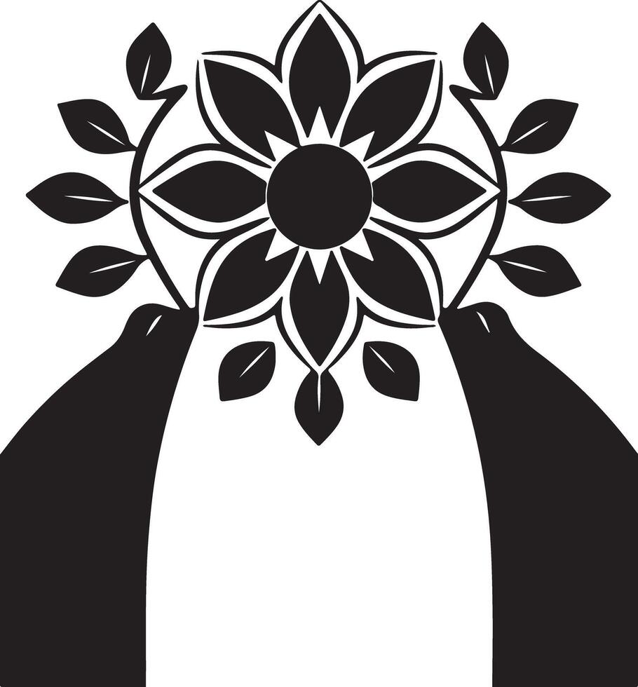 A black and white logo of a flower and leaves vector