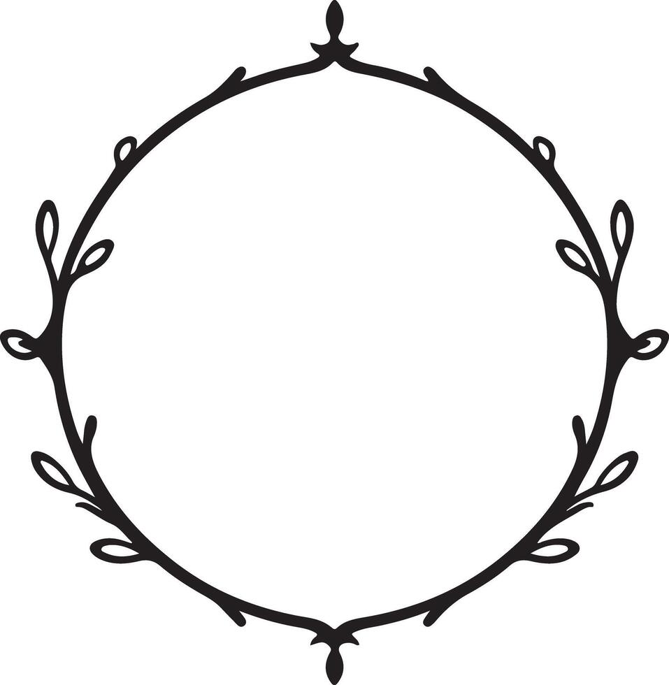 A black and white illustration of a round frame with leaves vector