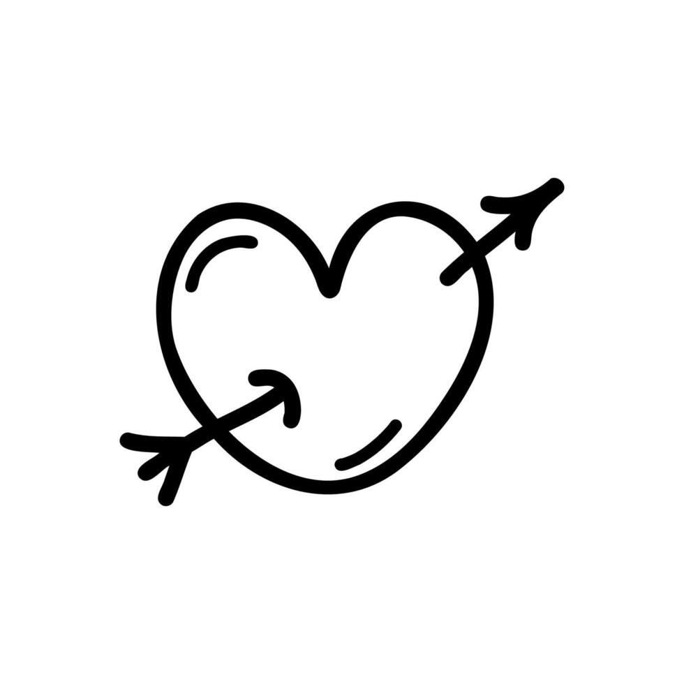 heart with an arrow isolated on white background. Doodle romantic illustration. Black and white simple illustration vector