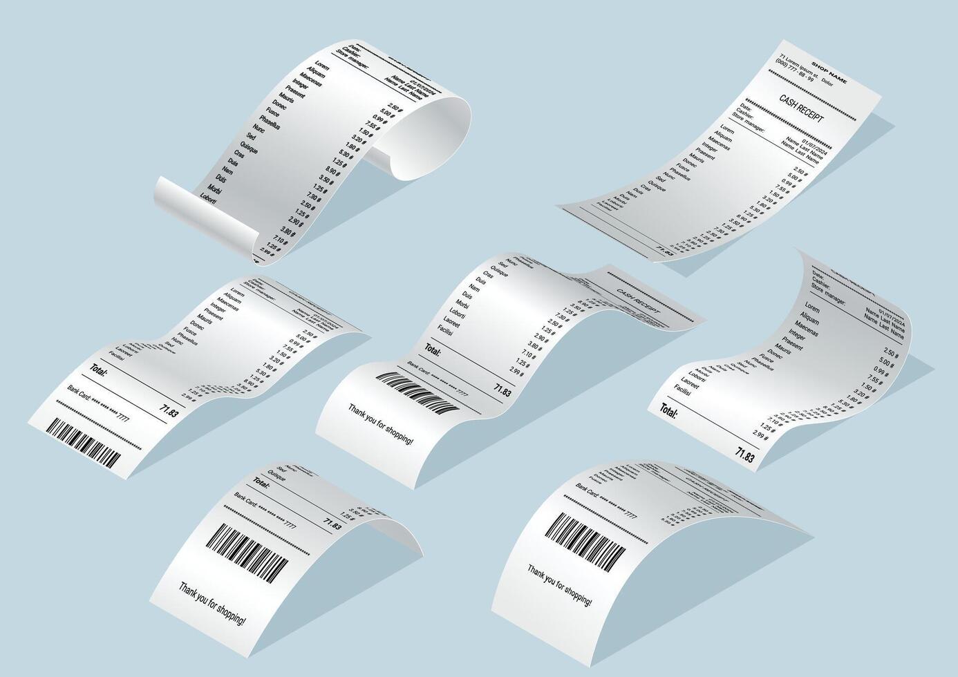 Payment check and receipts with shadows. Set of curved financial paper, purchase invoice. Buying, bill or calculate pay. Receipt the seller forms vector