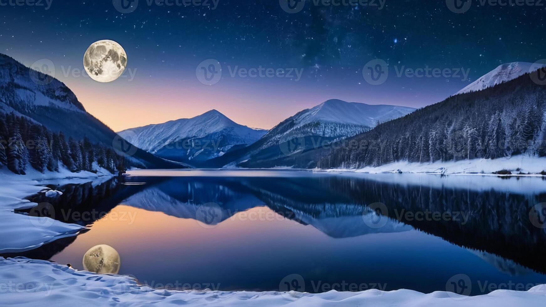 Snowy Mountain Lake with Full Moon Reflection and Starry Sky photo