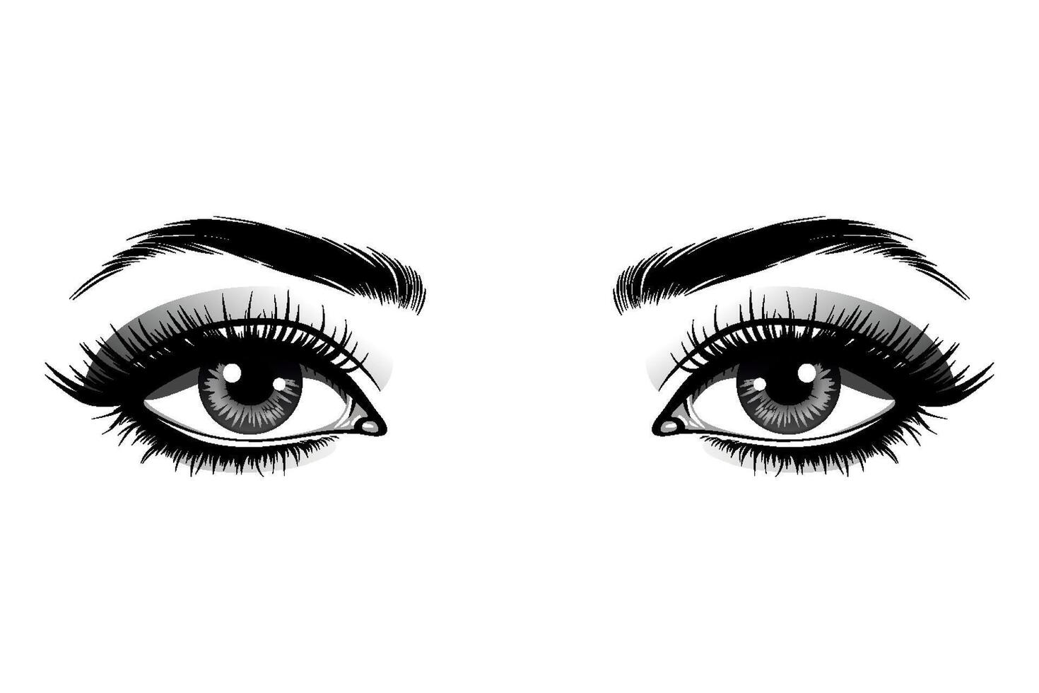 Beautiful female eyes with big lashes and eyebrows. Eyeliner glamour makeup. icon vector