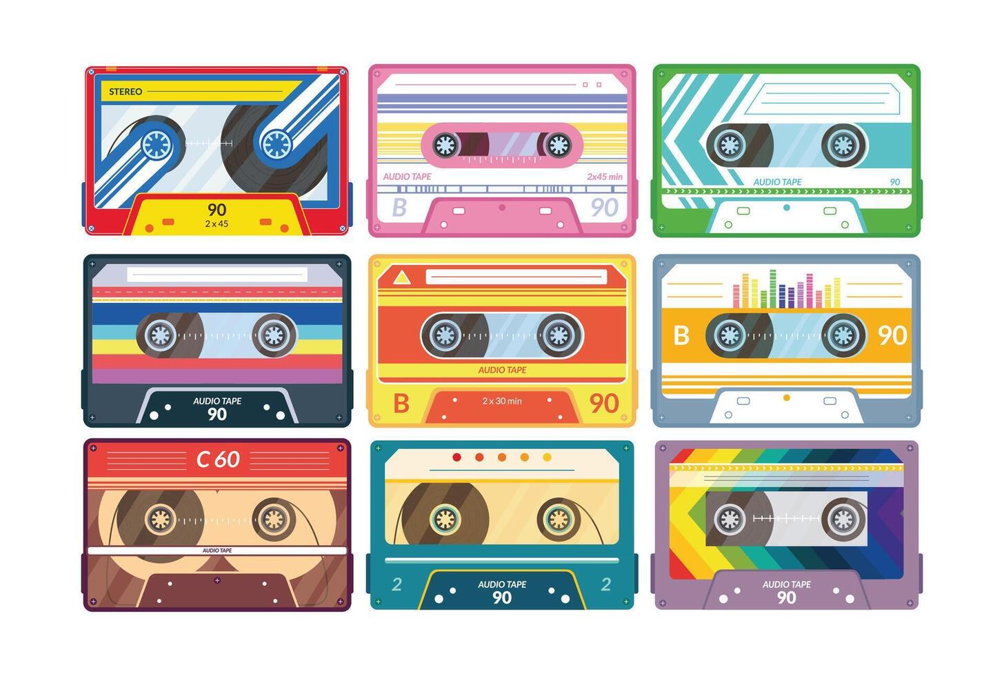Vintage tape cassette. Retro mixtape, 1980s pop songs tapes and stereo music cassettes. 90s hifi disco dance audiocassette, analogue player record cassette. Isolated symbols set vector
