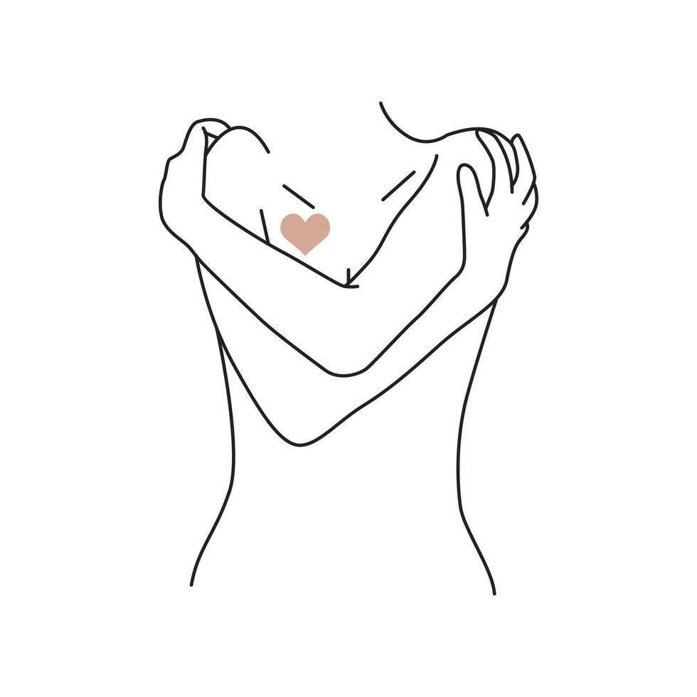 minimalist line art woman hugging vector